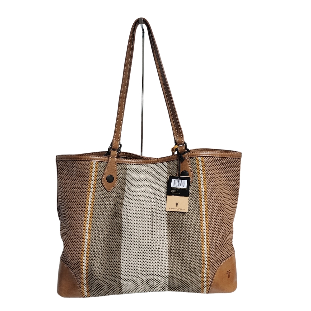 FRYE MELISSA LEATHER STRIPED SHOPPER WITH REMOVEABLE POUCH BEIGE MULTI